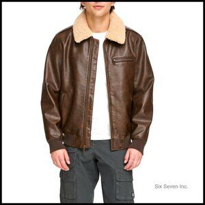Faux Leather Aviator Bomber Jacket With Sherpa Collar Classic Retro Chic